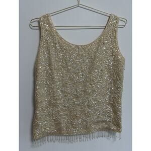 vintage 50s 60s Handmade BEAUTIFUL Ivory wool Beaded Sequin Top sz‎ Medium